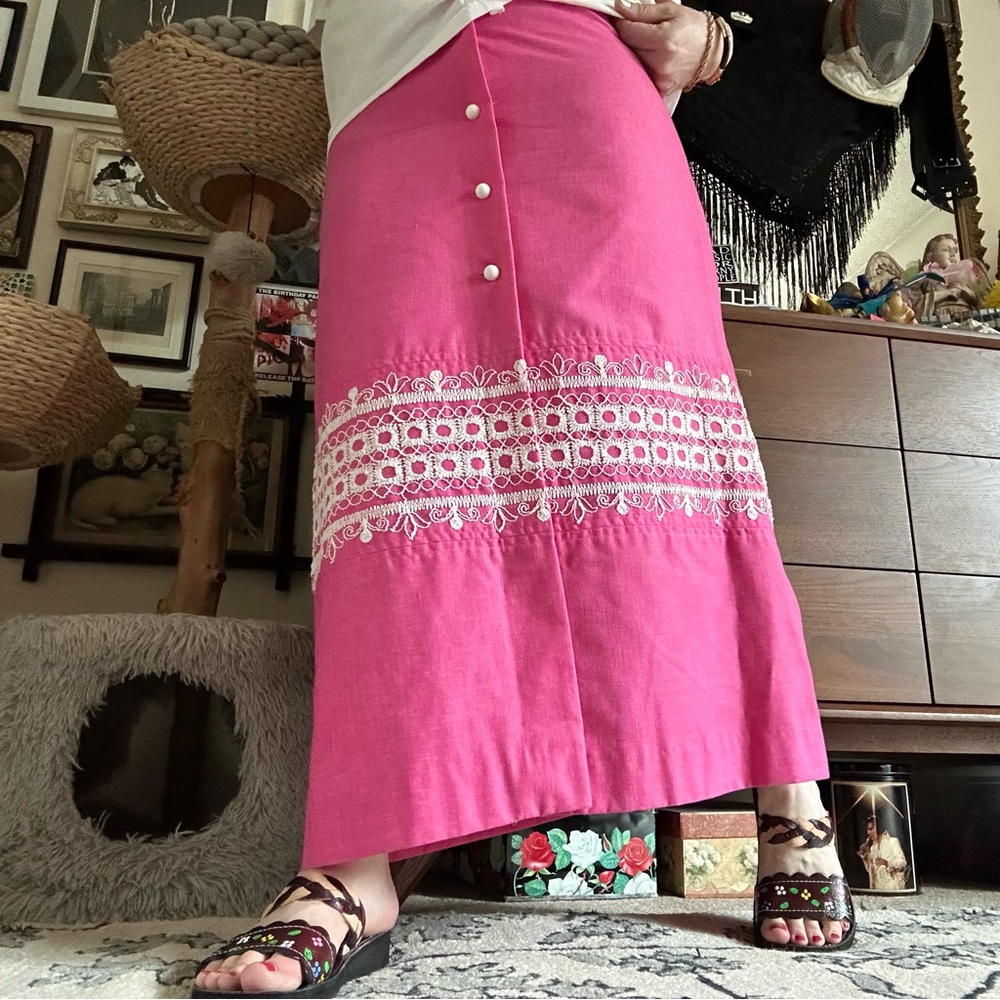 vintage 1970s pink w embroidery david smith maxi skirt